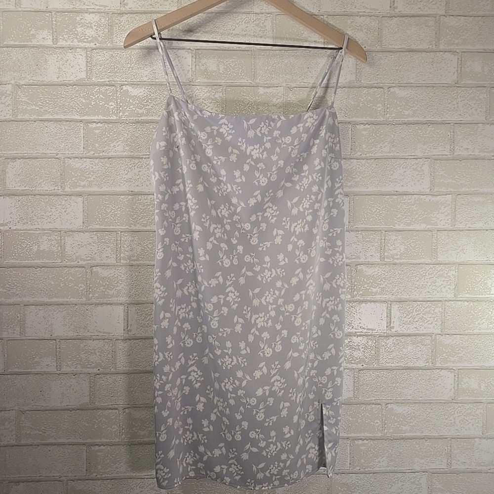 Garage Light Blue Floral Slip Dress Slit Satin Y2K Adjustable Straps